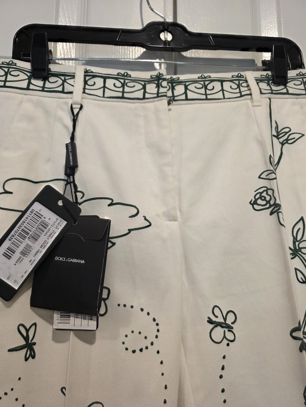 Dolce & Gabbana Cream Pants with Green Floral Print